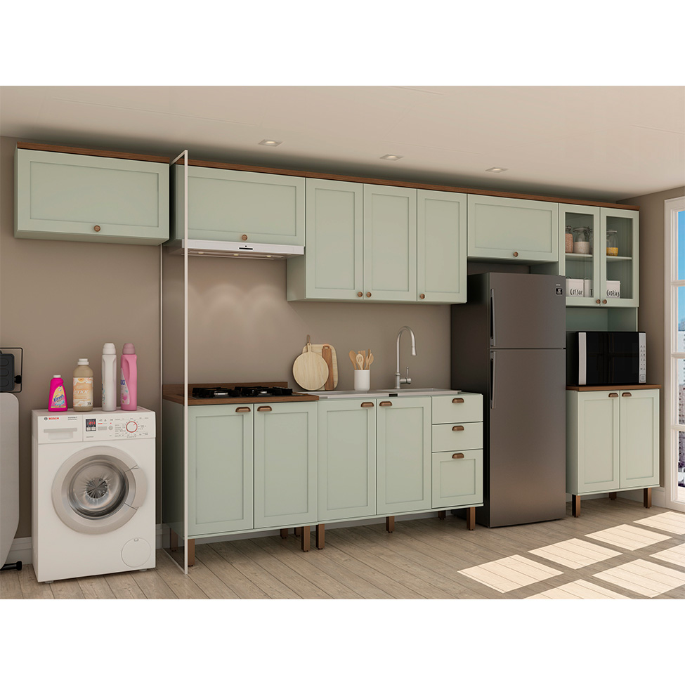 Cozinha Compacta Iluminata 14 Portas 3 Gavetas Mint e Ébano