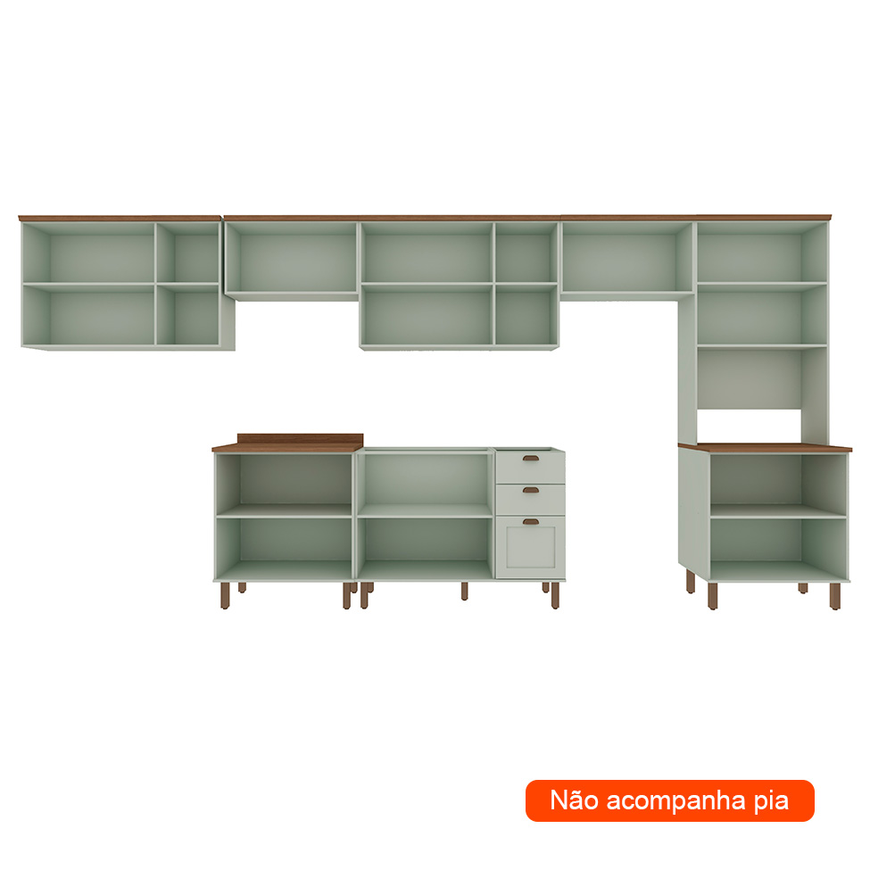 Cozinha Compacta Iluminata 14 Portas 3 Gavetas Mint e Ébano
