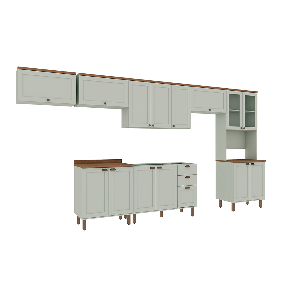 Cozinha Compacta Iluminata 14 Portas 3 Gavetas Mint e Ébano