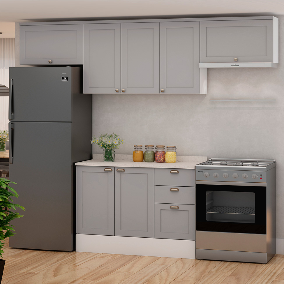 Cozinha Compacta Iluminata 7 Portas 3 Gavetas Branco e Fendi