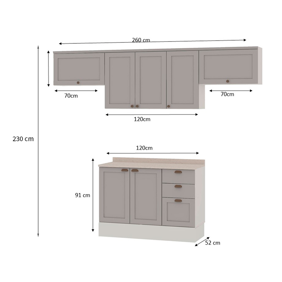 Cozinha Compacta Iluminata 7 Portas 3 Gavetas Branco e Fendi