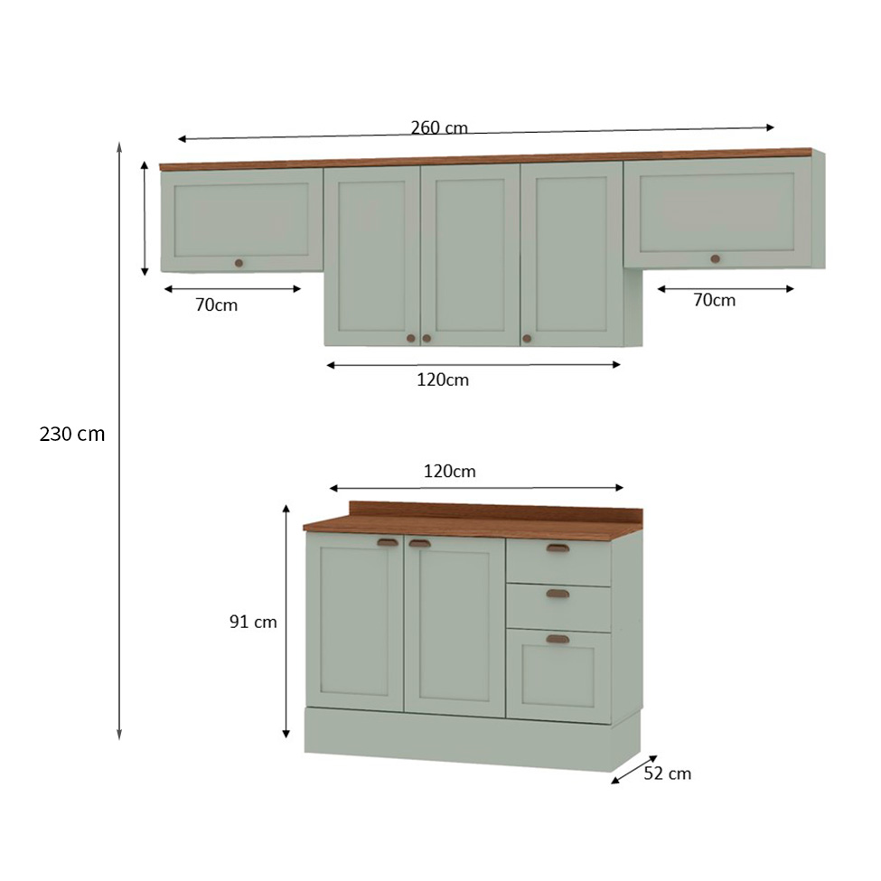 Cozinha Compacta Iluminata 7 Portas 3 Gavetas Mint e Ébano