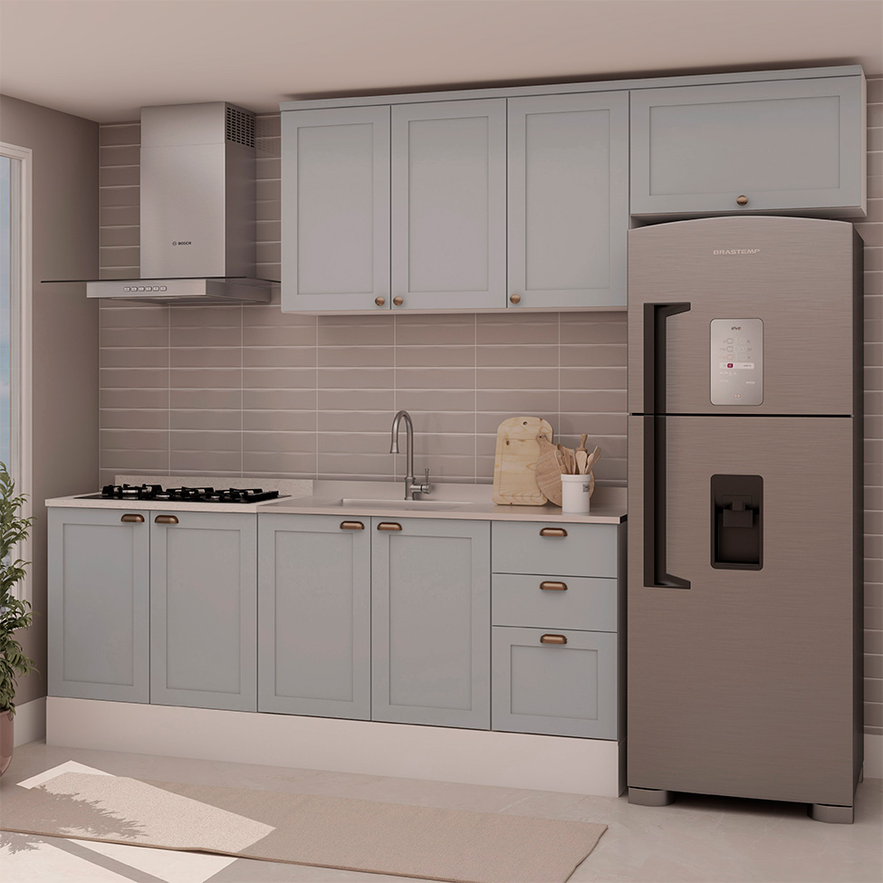 Cozinha Compacta Iluminata 8 Portas 4 Gavetas Branca e Fendi
