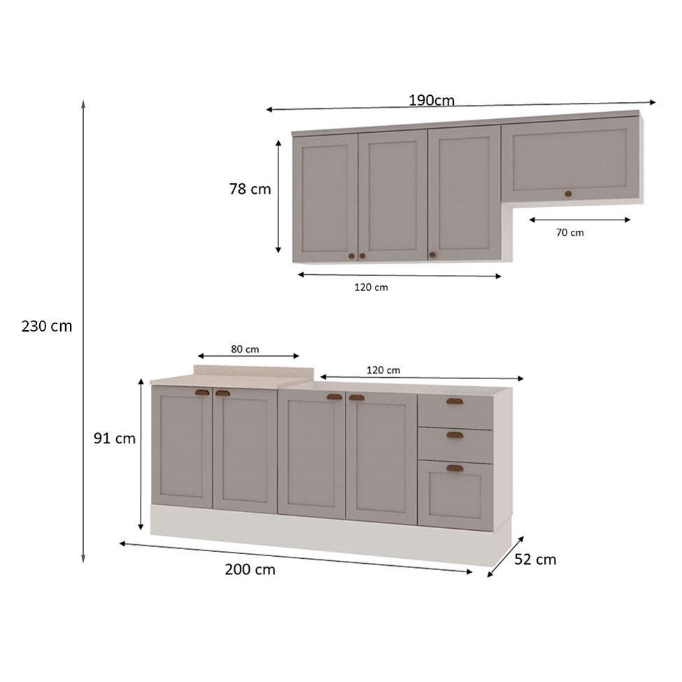 Cozinha Compacta Iluminata 8 Portas 4 Gavetas Branca e Fendi