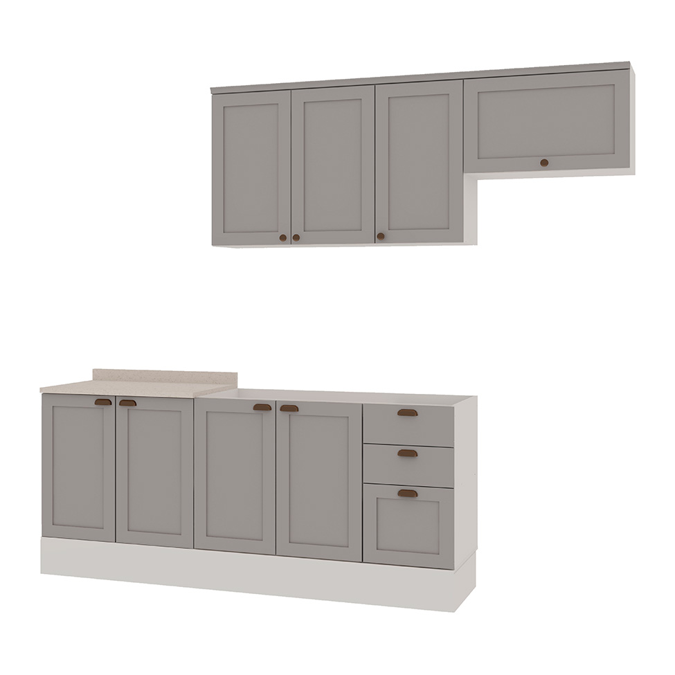 Cozinha Compacta Iluminata 8 Portas 4 Gavetas Branca e Fendi