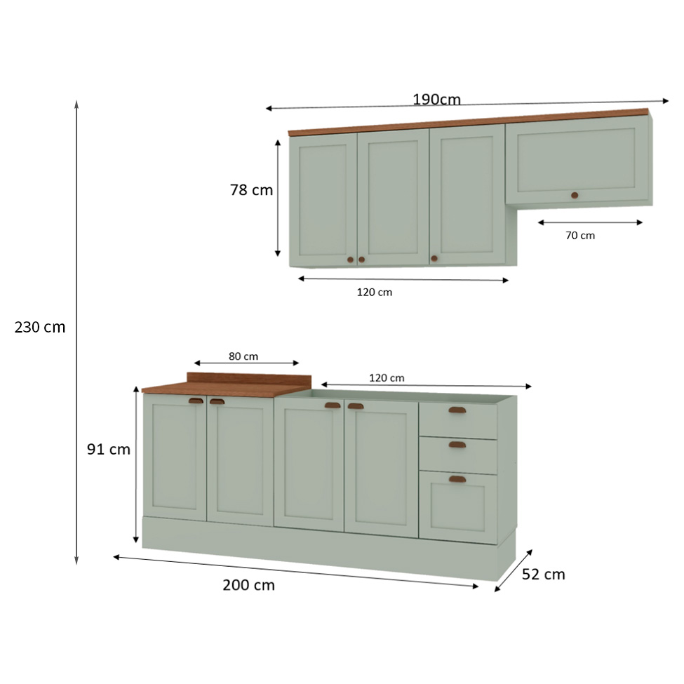 Cozinha Compacta Iluminata 8 Portas 4 Gavetas Mint e Ébano