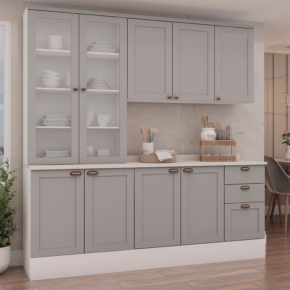 Cozinha Compacta Iluminata 9 Portas 3 Gavetas Branco e Fendi