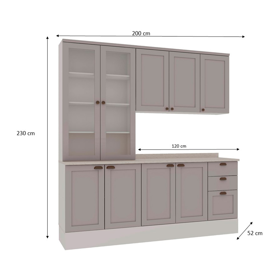 Cozinha Compacta Iluminata 9 Portas 3 Gavetas Branco e Fendi
