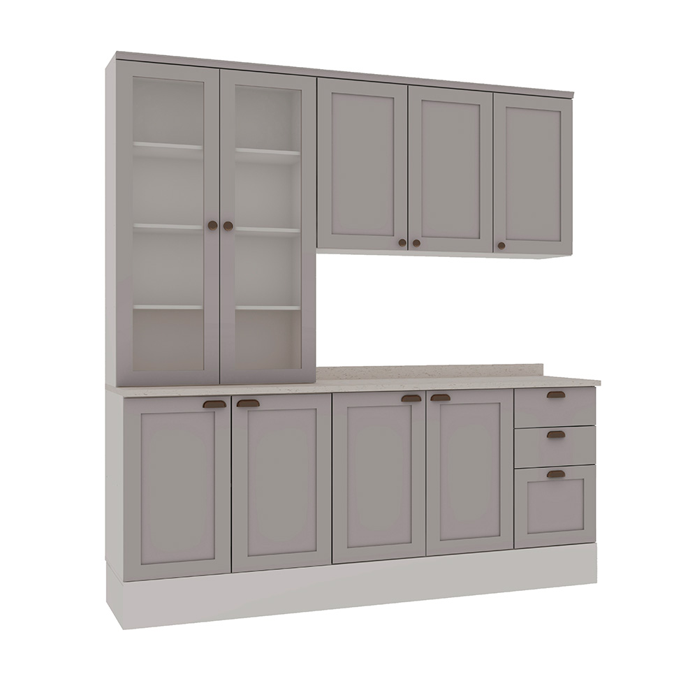 Cozinha Compacta Iluminata 9 Portas 3 Gavetas Branco e Fendi