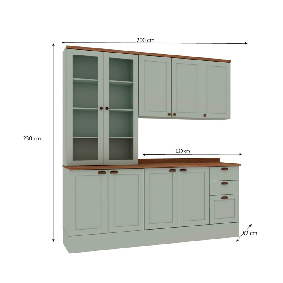 Cozinha Compacta Iluminata 9 Portas 3 Gavetas Mint e Ébano
