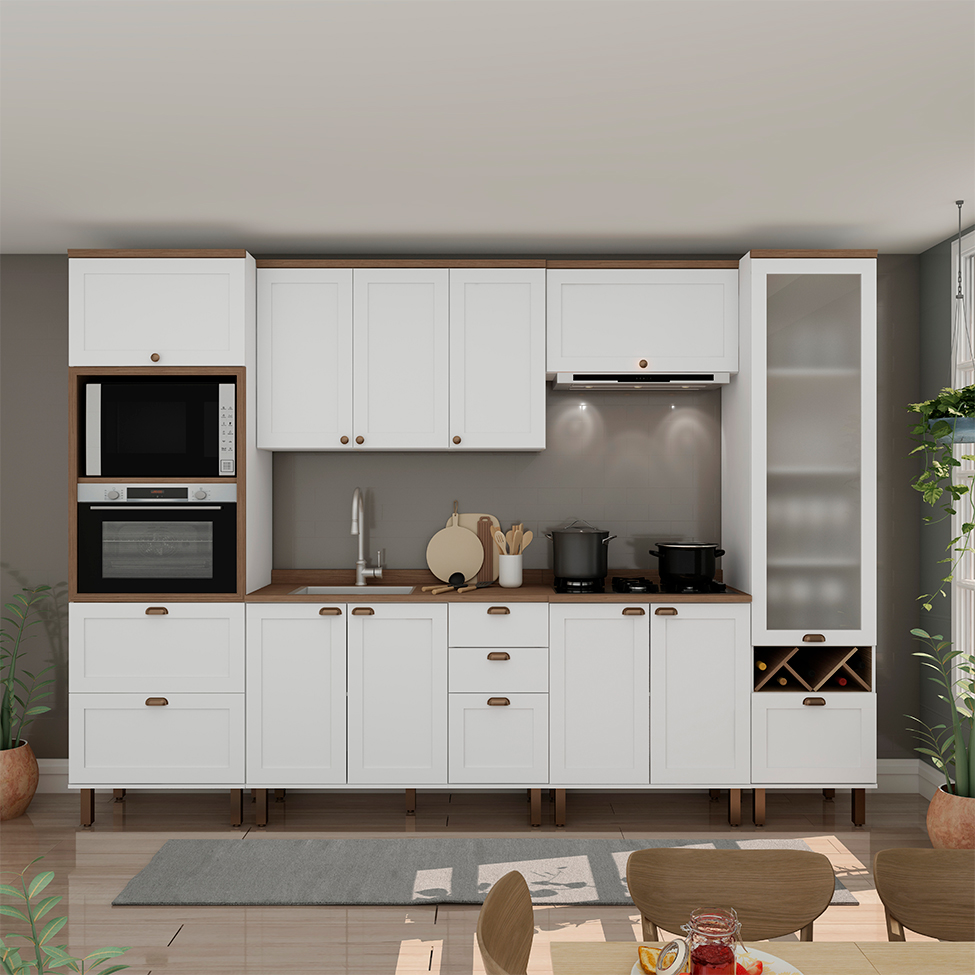 Cozinha Compacta Iluminata Ayla com Vidro 6 Portas 4 Gavetas Branca e Ébano
