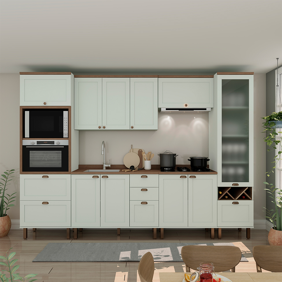 Cozinha Compacta Iluminata Ayla com Vidro 6 Portas 4 Gavetas Verde Mint e Ébano