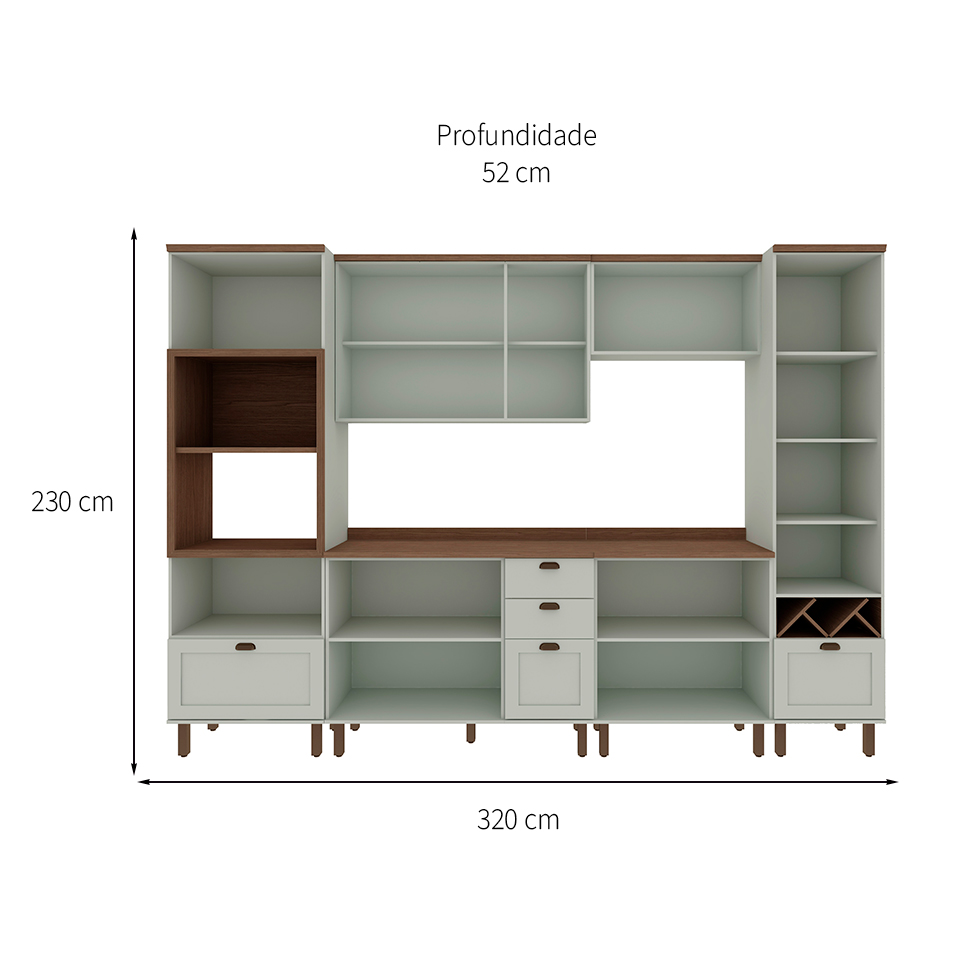 Cozinha Compacta Iluminata Ayla com Vidro 6 Portas 4 Gavetas Verde Mint e Ébano