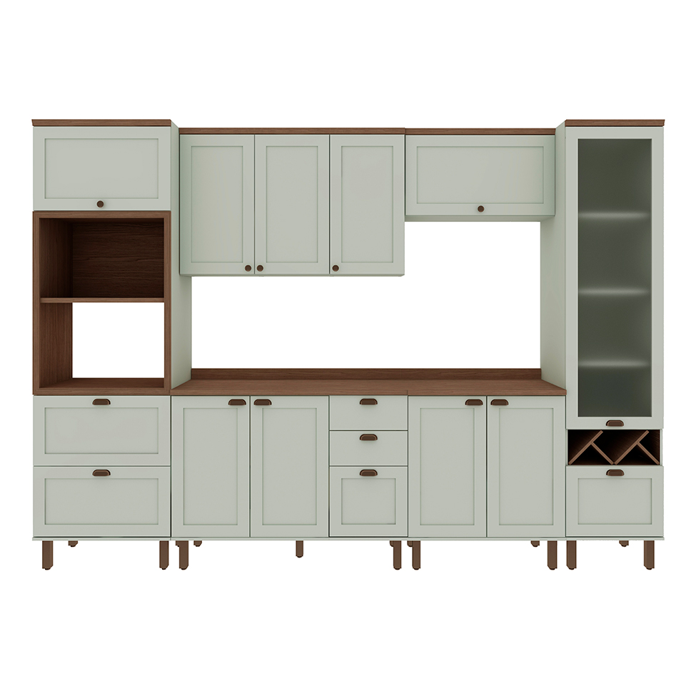Cozinha Compacta Iluminata Ayla com Vidro 6 Portas 4 Gavetas Verde Mint e Ébano