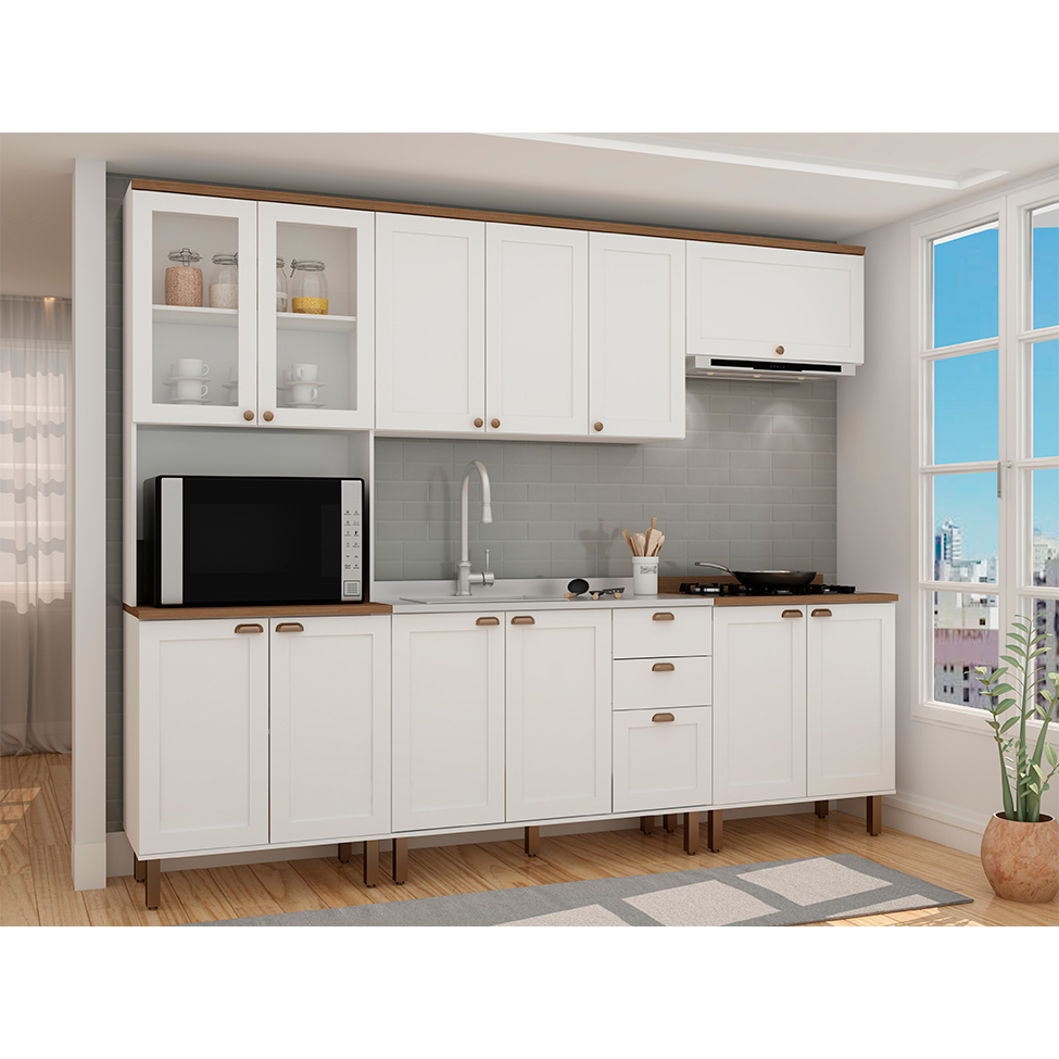 Cozinha Compacta Iluminata Ester com Vidro 12 Portas 3 Gavetas Branca e Ébano