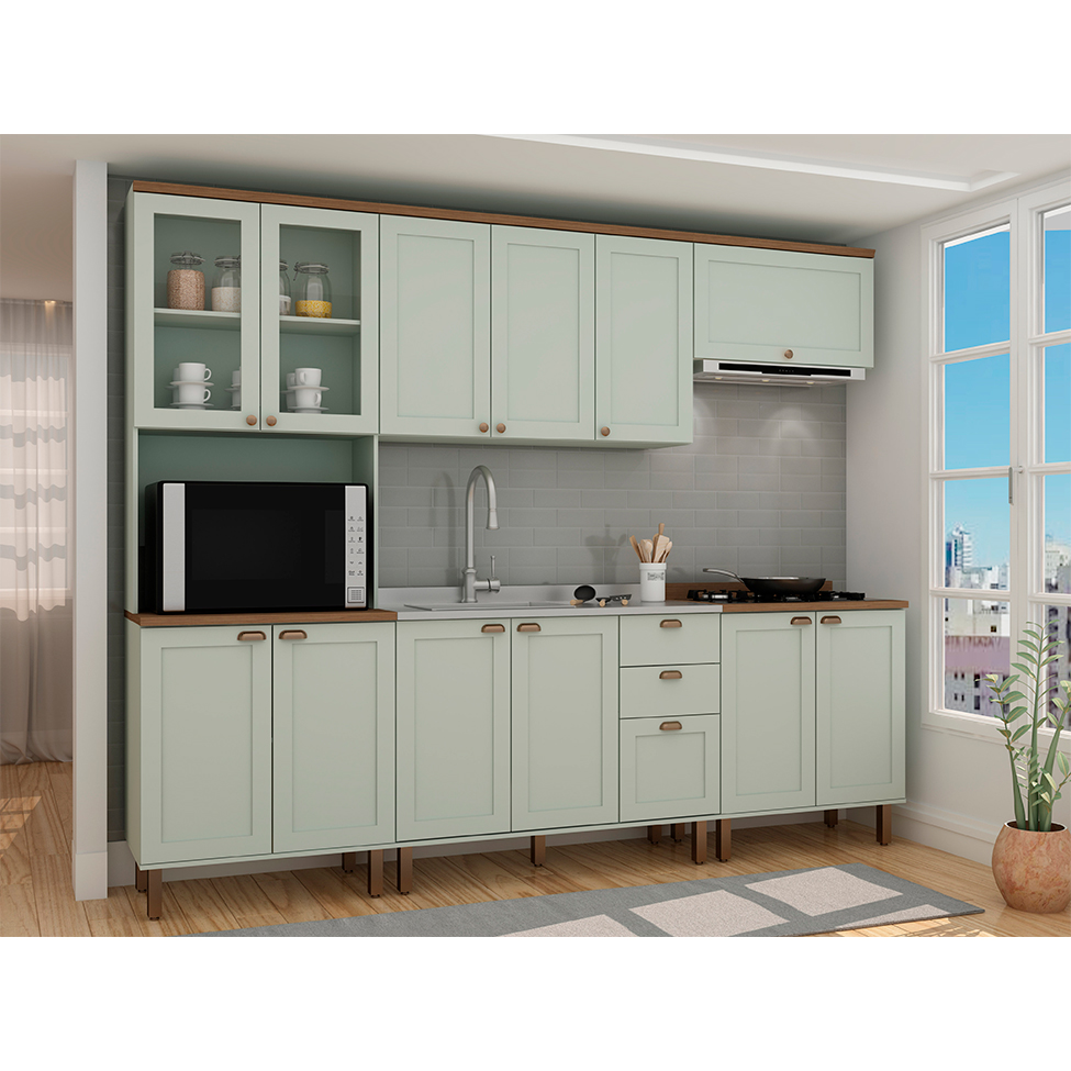 Cozinha Compacta Iluminata Ester com Vidro 12 Portas 3 Gavetas Verde Mint e Ébano