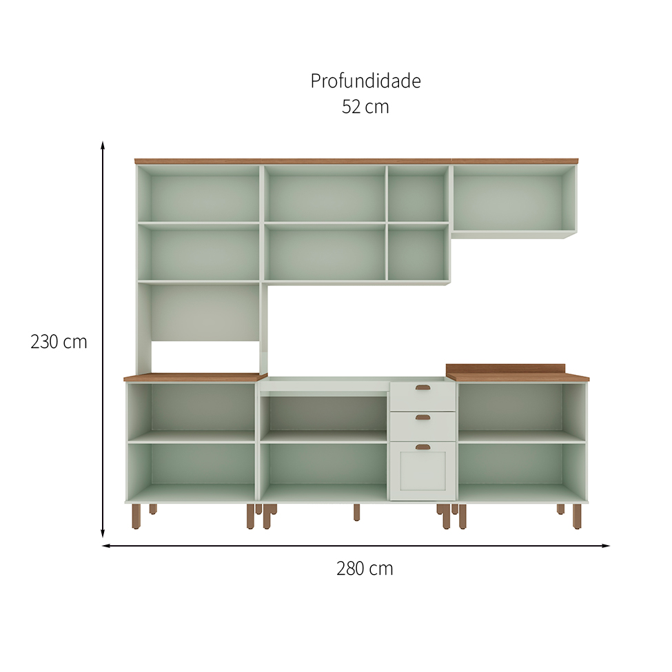 Cozinha Compacta Iluminata Ester com Vidro 12 Portas 3 Gavetas Verde Mint e Ébano