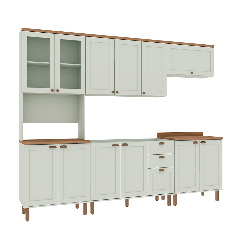 Cozinha Compacta Iluminata Ester com Vidro 12 Portas 3 Gavetas Verde Mint e Ébano