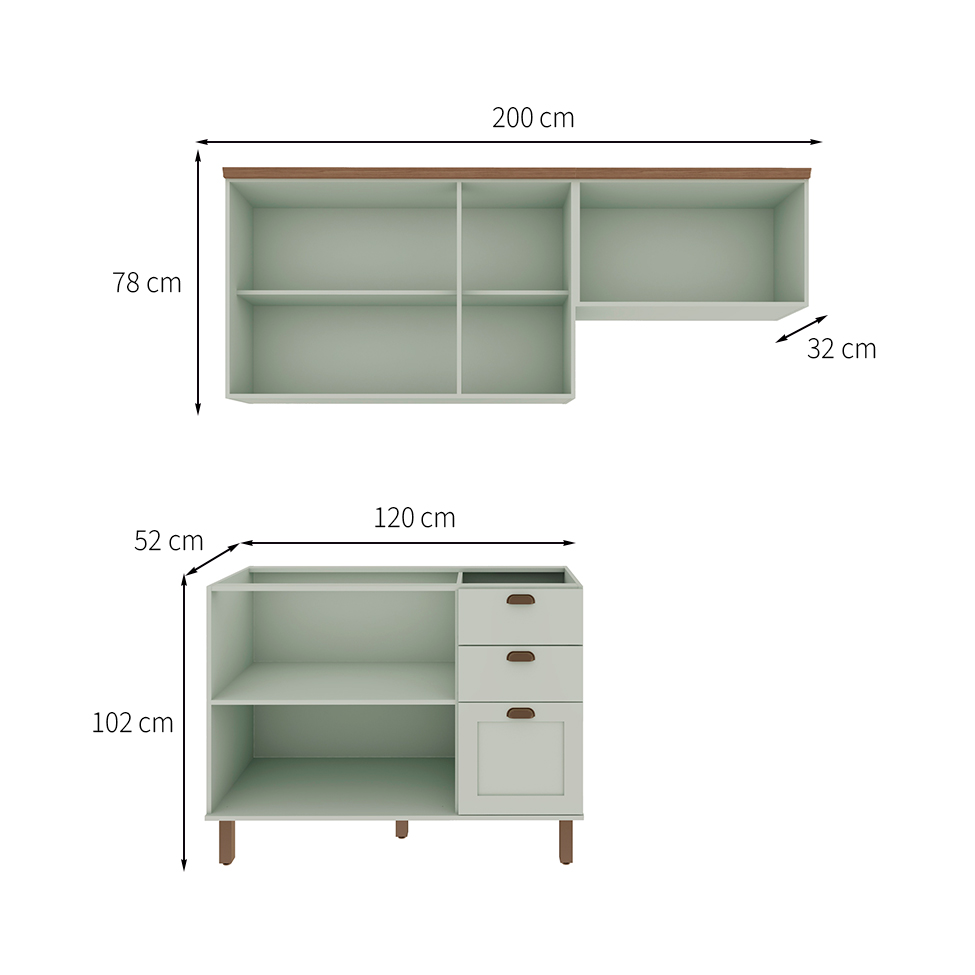 Cozinha Compacta Iluminata Flora 6 Portas 3 Gavetas Verde Mint e Ébano