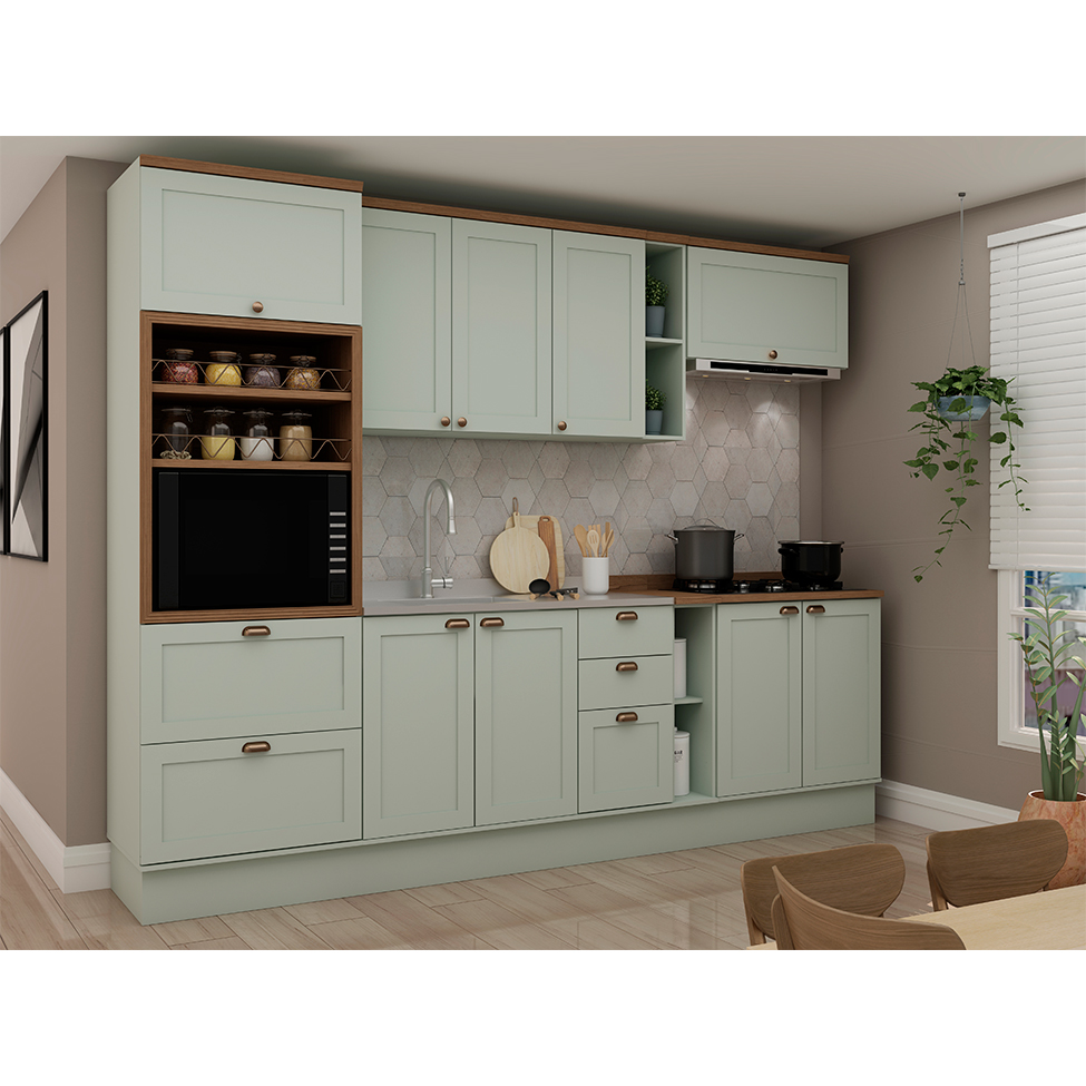 Cozinha Compacta Iluminata Iris 10 Portas 4 Gavetas Verde Mint e Ébano