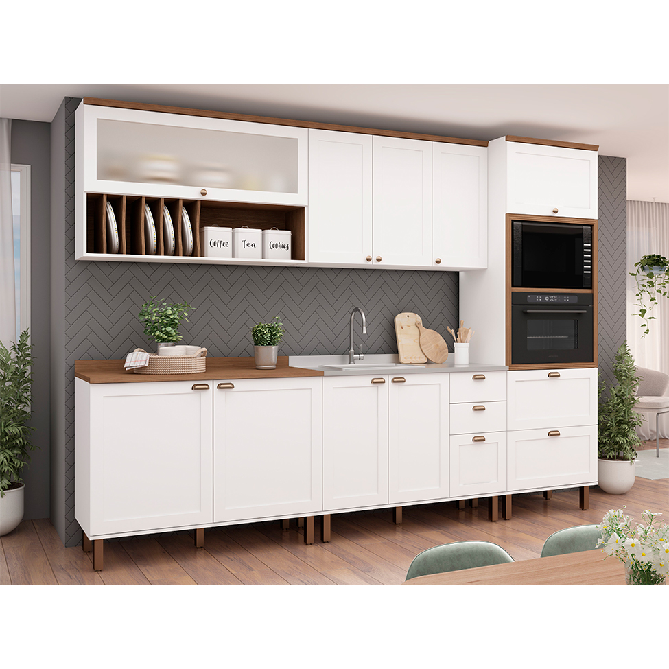 Cozinha Compacta Iluminata Luna com Vidro 10 Portas 4 Gavetas Branca e Ébano