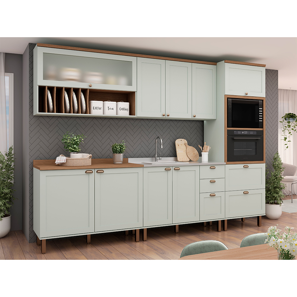 Cozinha Compacta Iluminata Luna com Vidro 10 Portas 4 Gavetas Verde Mint e Ébano