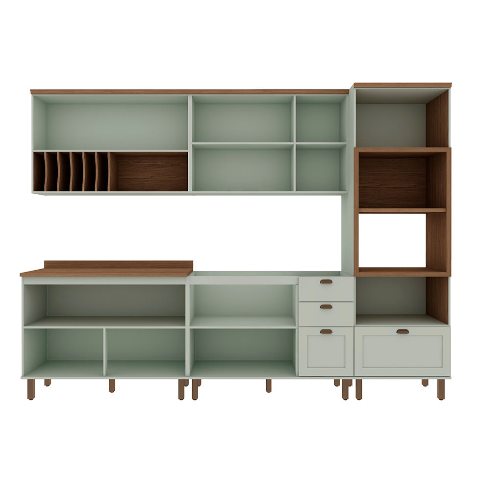 Cozinha Compacta Iluminata Luna com Vidro 10 Portas 4 Gavetas Verde Mint e Ébano
