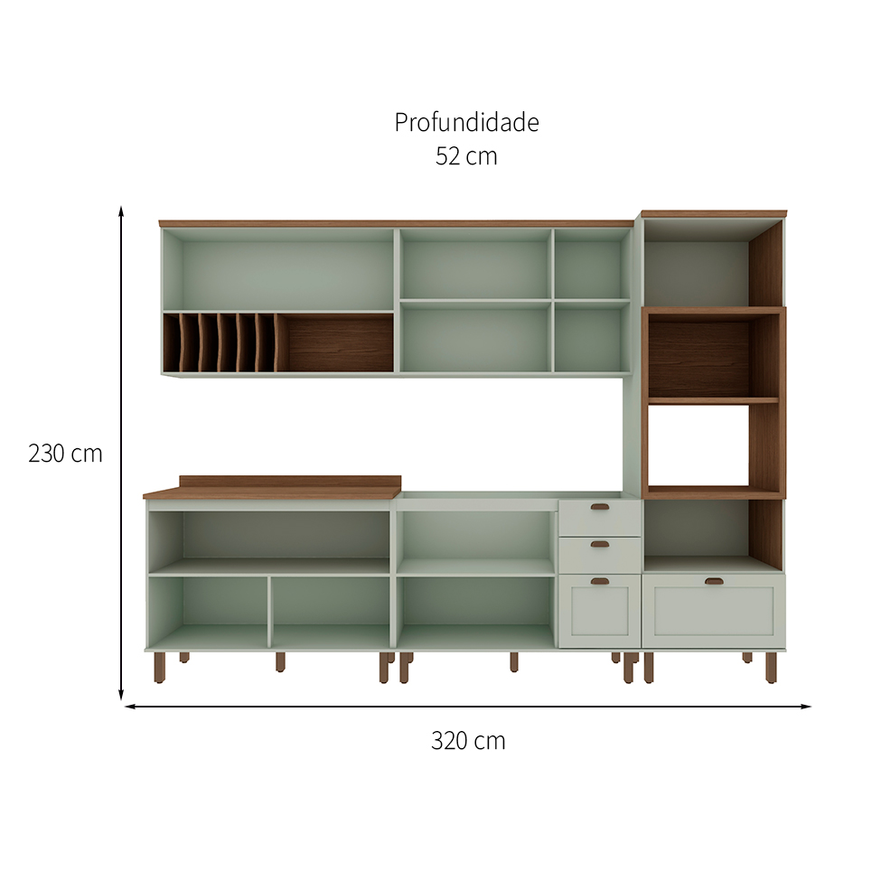 Cozinha Compacta Iluminata Luna com Vidro 10 Portas 4 Gavetas Verde Mint e Ébano