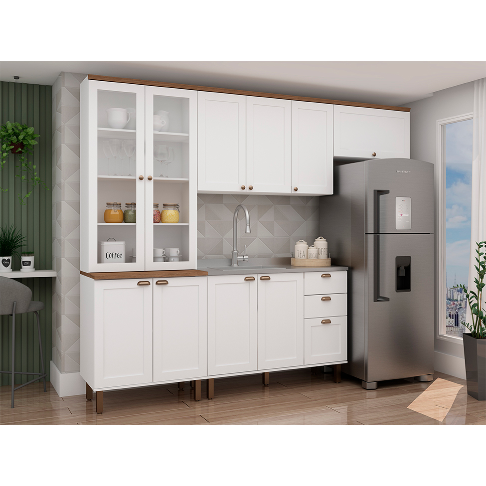 Cozinha Compacta Iluminata com Vidro 10 Portas 3 Gavetas Branca e Ébano