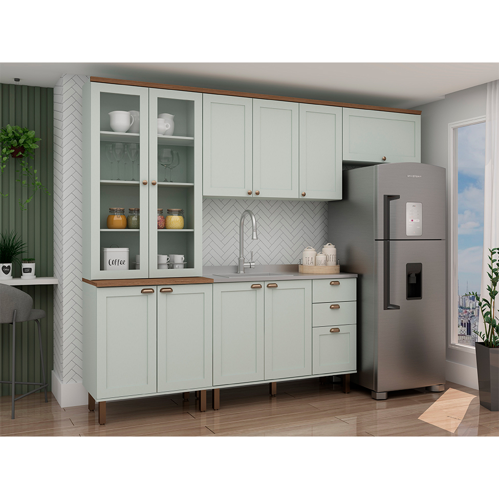 Cozinha Compacta Iluminata com Vidro 10 Portas 3 Gavetas Verde Mint e Ébano