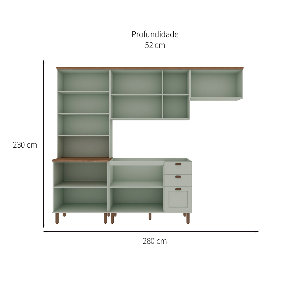 Cozinha Compacta Iluminata com Vidro 10 Portas 3 Gavetas Verde Mint e Ébano