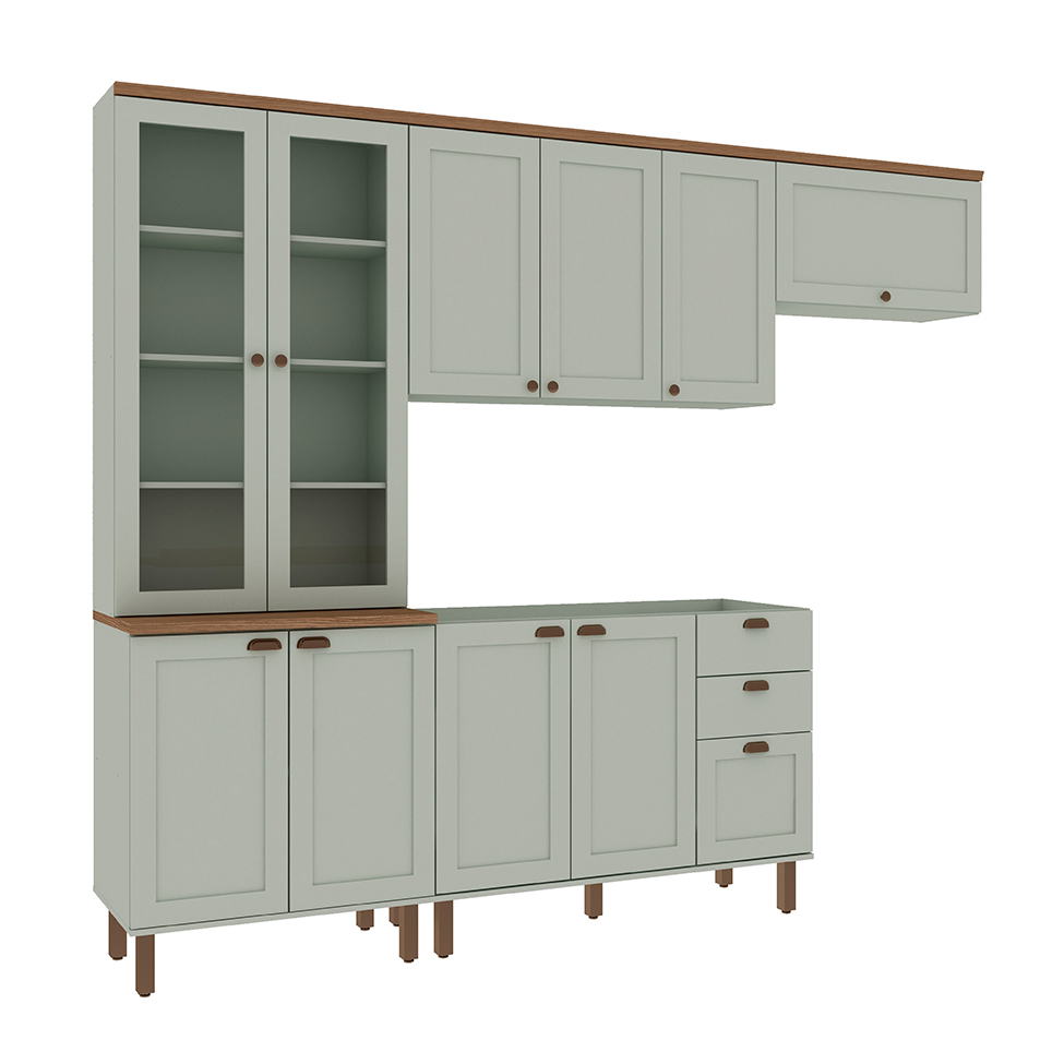Cozinha Compacta Iluminata com Vidro 10 Portas 3 Gavetas Verde Mint e Ébano