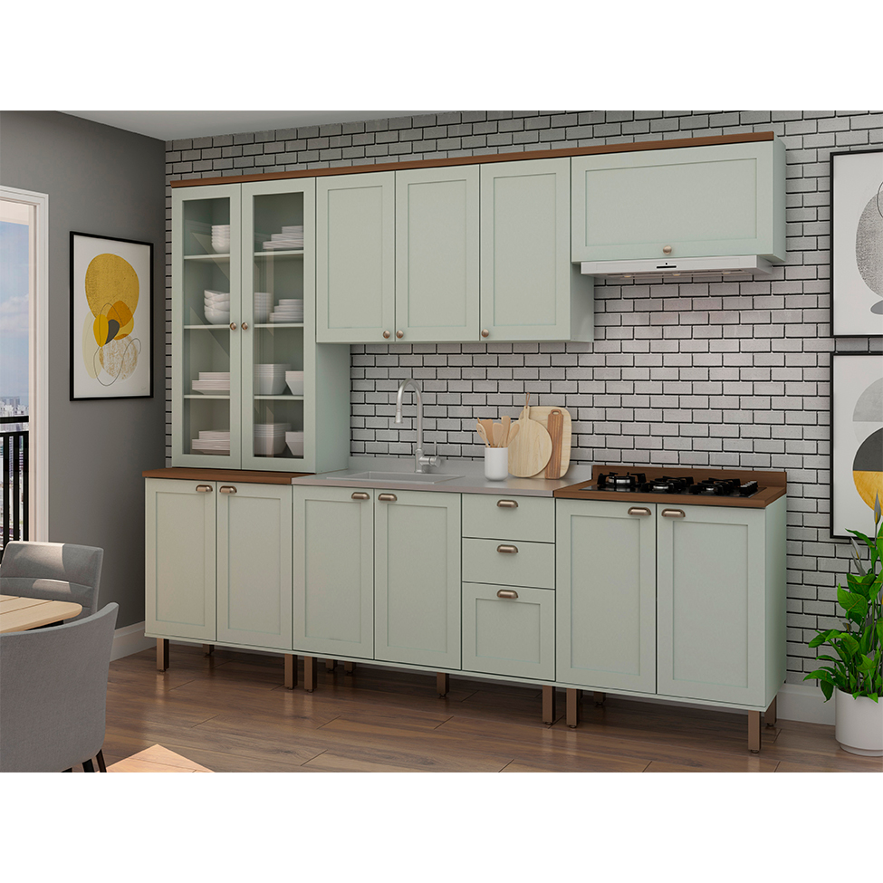 Cozinha Compacta Iluminata com Vidro 12 Portas 3 Gavetas Verde Mint e Ébano