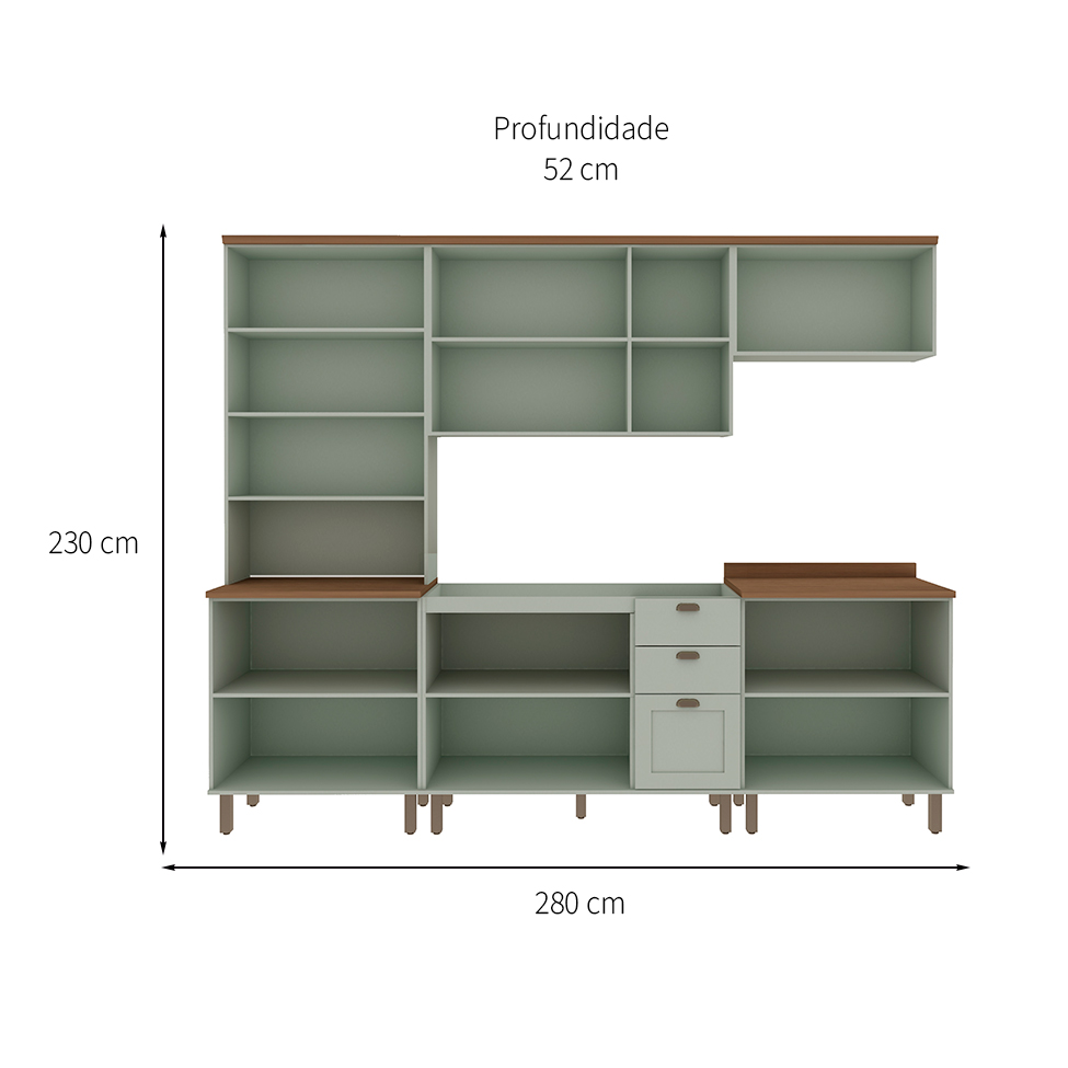 Cozinha Compacta Iluminata com Vidro 12 Portas 3 Gavetas Verde Mint e Ébano