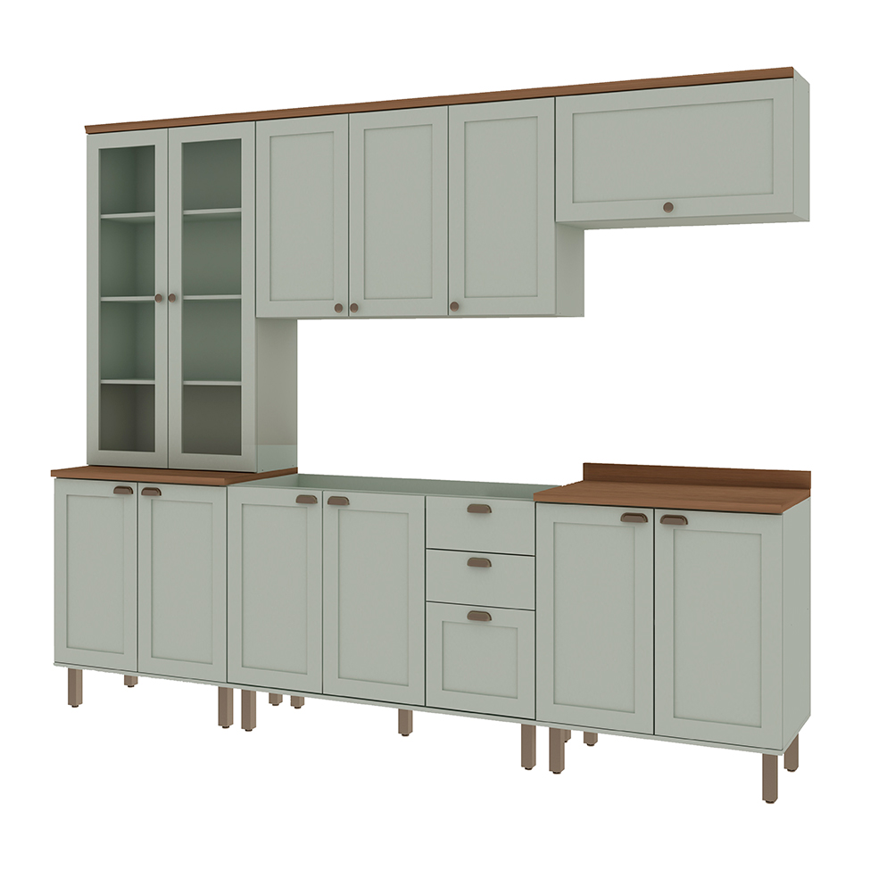 Cozinha Compacta Iluminata com Vidro 12 Portas 3 Gavetas Verde Mint e Ébano
