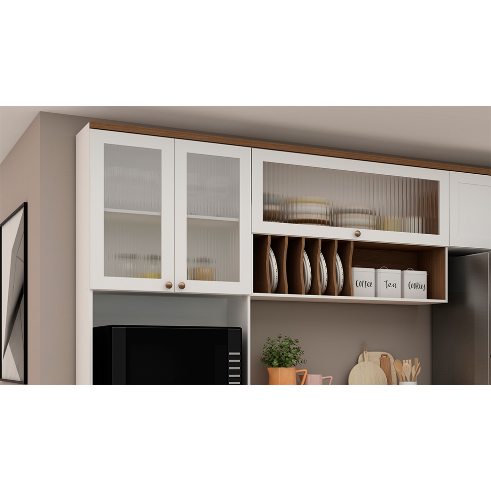 Cozinha Compacta Iluminata com Vidro 8 Portas 3 Gavetas Branca e Ébano