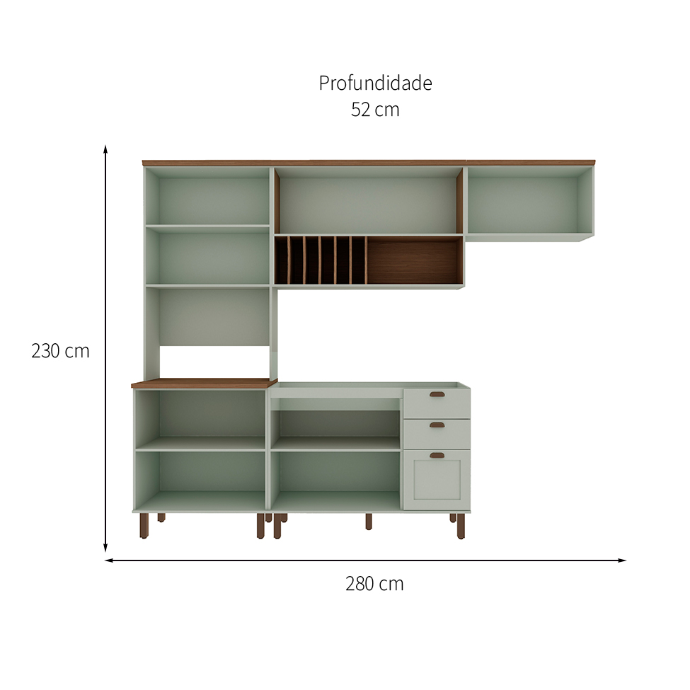 Cozinha Compacta Iluminata com Vidro 8 Portas 3 Gavetas Verde Mint e Ébano