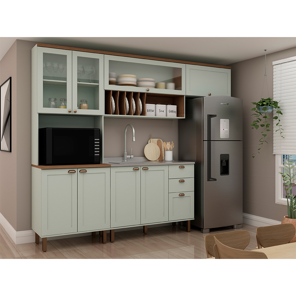 Cozinha Compacta Iluminata com Vidro 8 Portas 3 Gavetas Verde Mint e Ébano