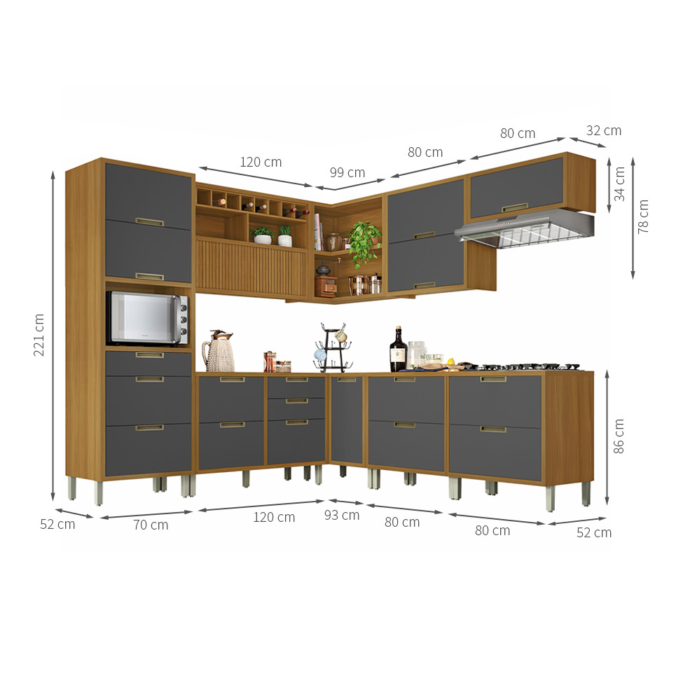 Cozinha Compacta Imperatriz 10 Portas 9 Gavetas Freijó e Grafite