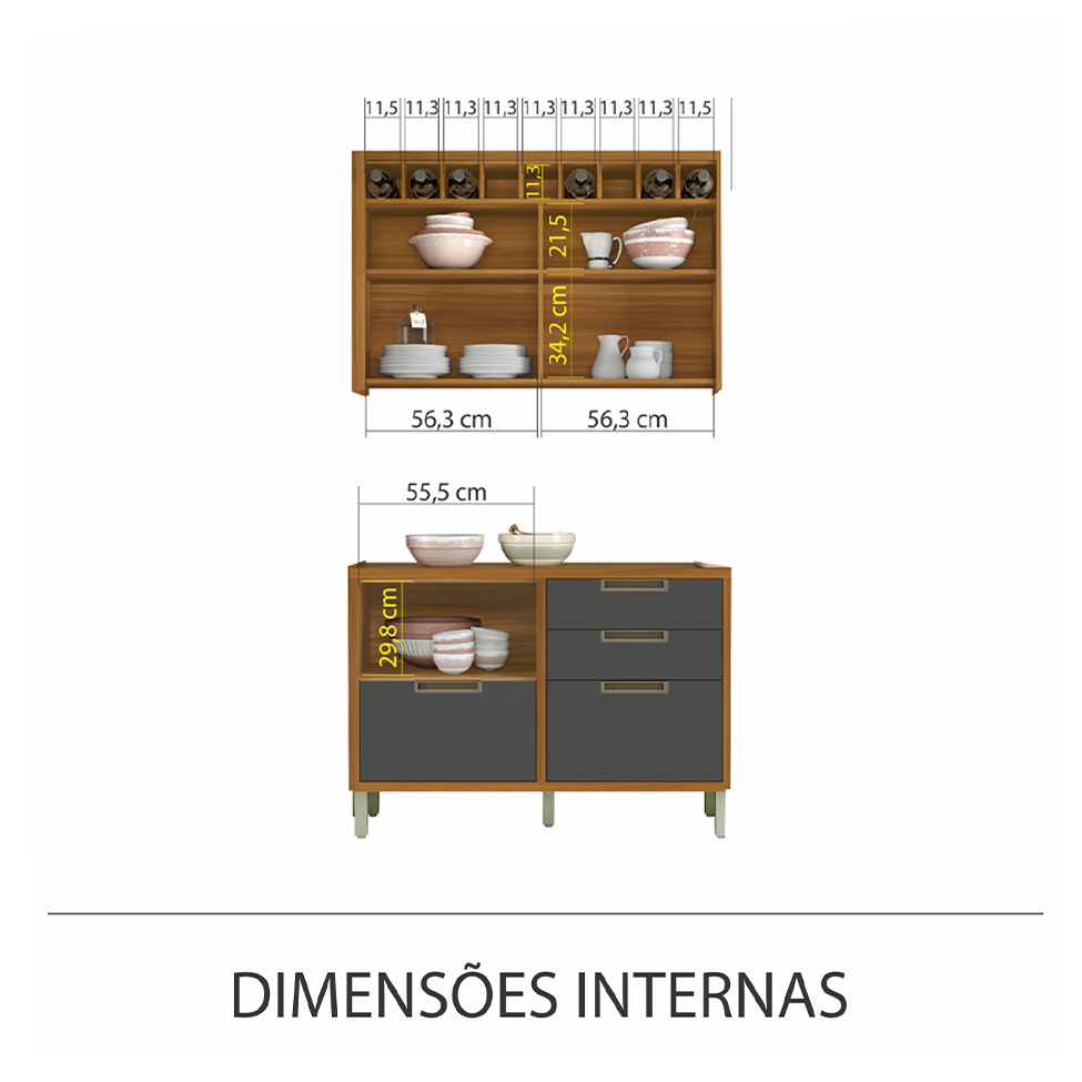Cozinha Compacta Imperatriz 2 Portas 4 Gavetas Freijó e Grafite