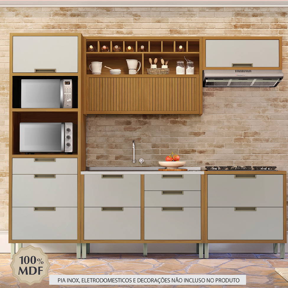 Cozinha Compacta Imperatriz 4 Portas 8 Gavetas Freijó e Off White