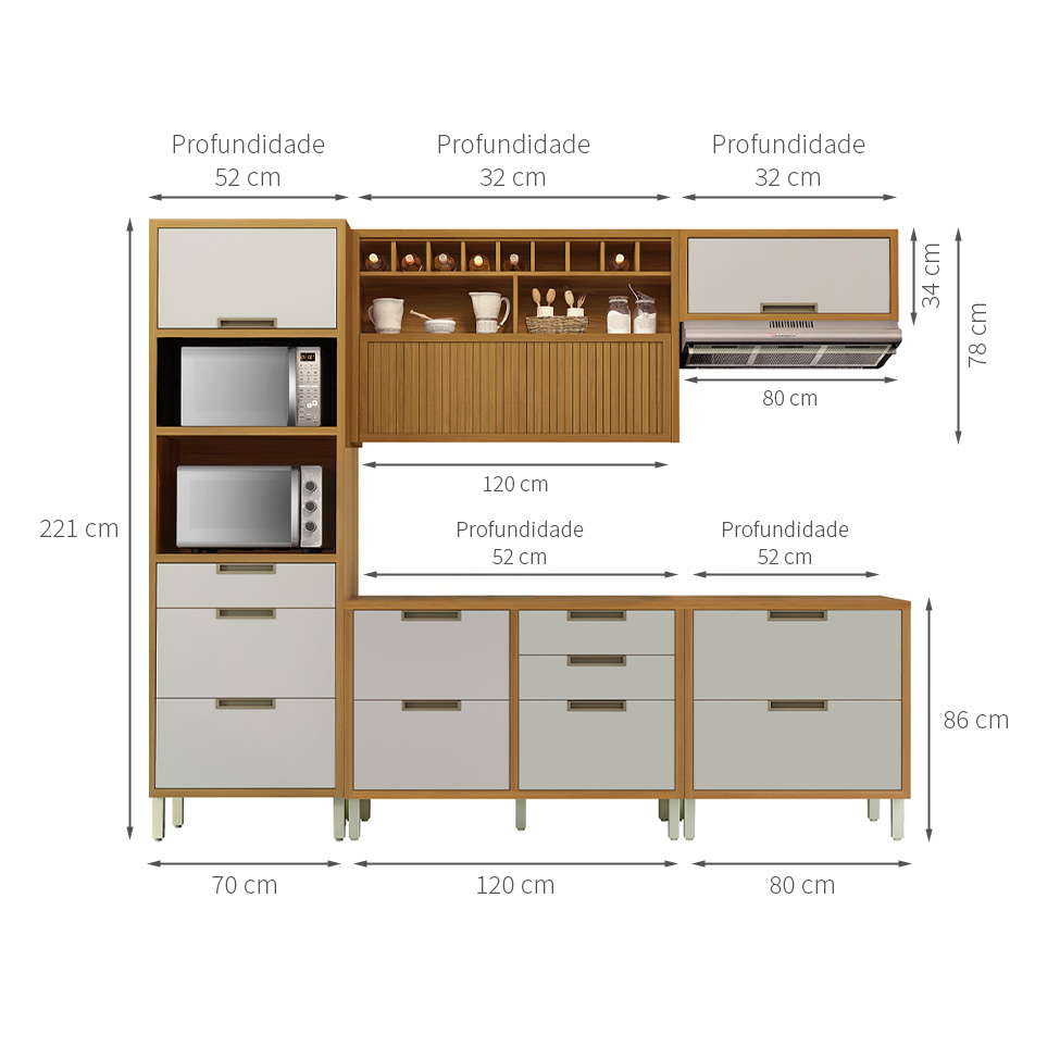 Cozinha Compacta Imperatriz 4 Portas 8 Gavetas Freijó e Off White