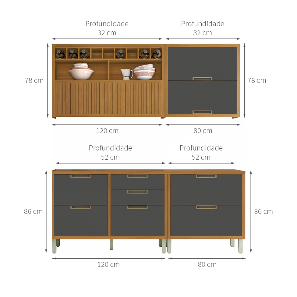 Cozinha Compacta Imperatriz 5 Portas 5 Gavetas Freijó e Off White