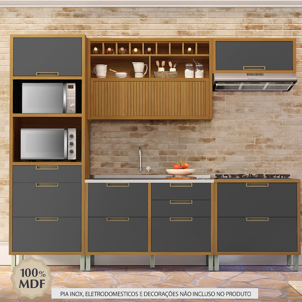 Cozinha Compacta Imperatriz 5 Portas 8 Gavetas Freijó e Off White