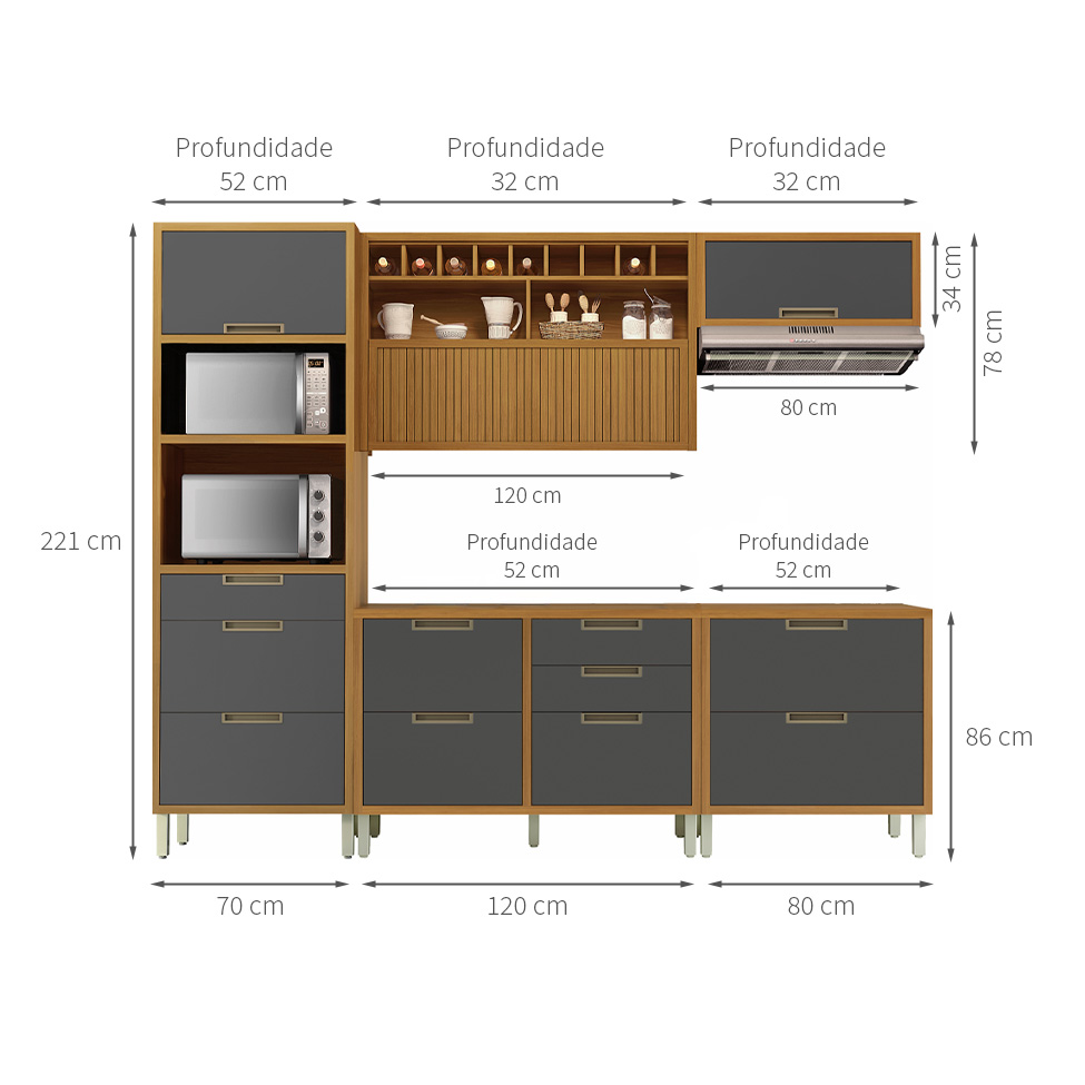 Cozinha Compacta Imperatriz 5 Portas 8 Gavetas Freijó e Off White