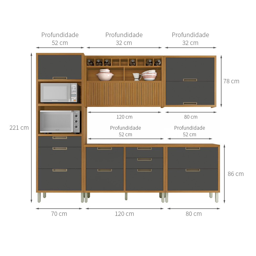 Cozinha Compacta Imperatriz 6 Portas 8 Gavetas Freijó e Grafite