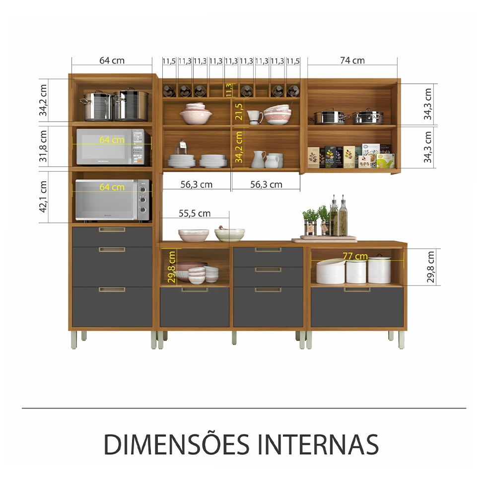 Cozinha Compacta Imperatriz 6 Portas 8 Gavetas Freijó e Grafite