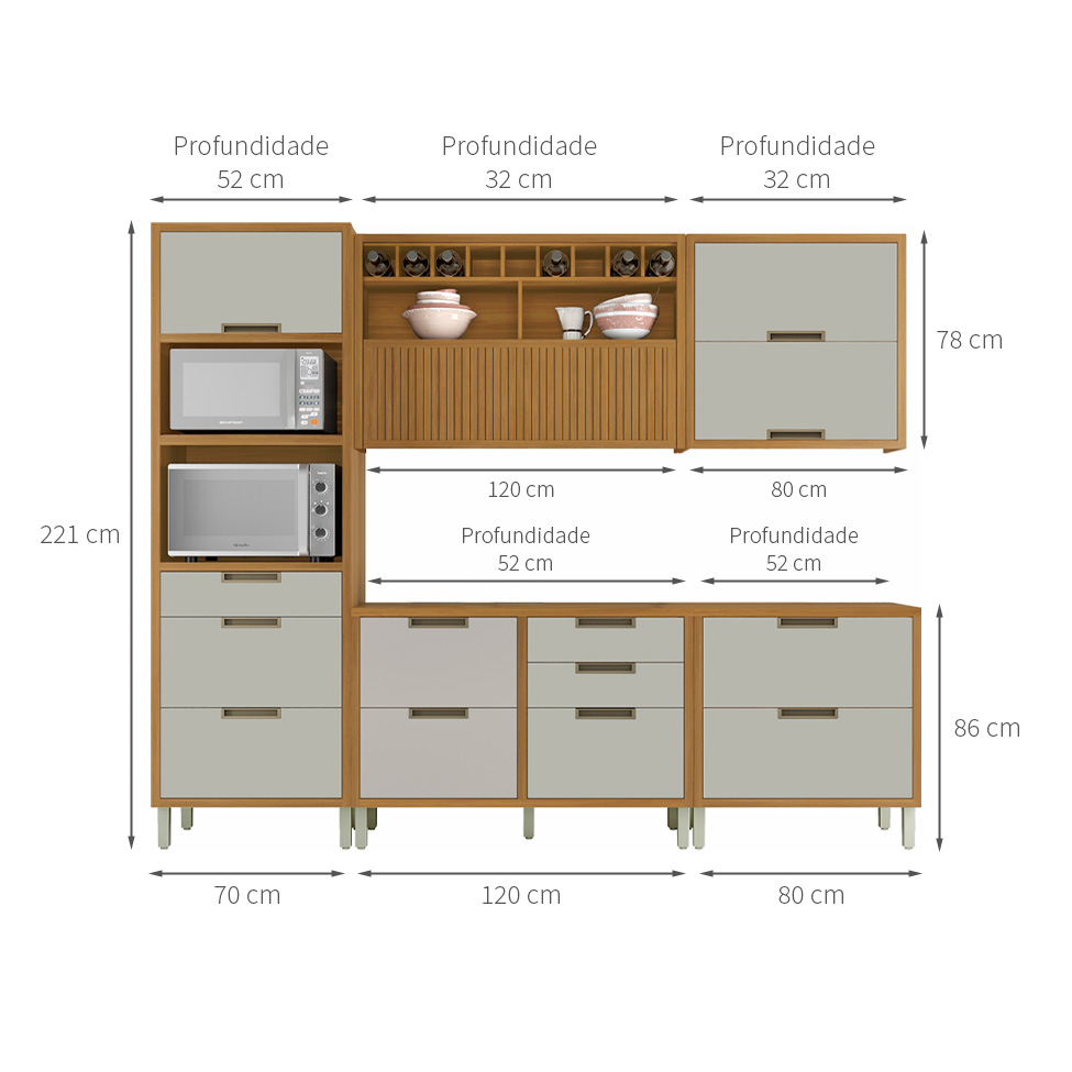 Cozinha Compacta Imperatriz 6 Portas 8 Gavetas Freijó e Off White