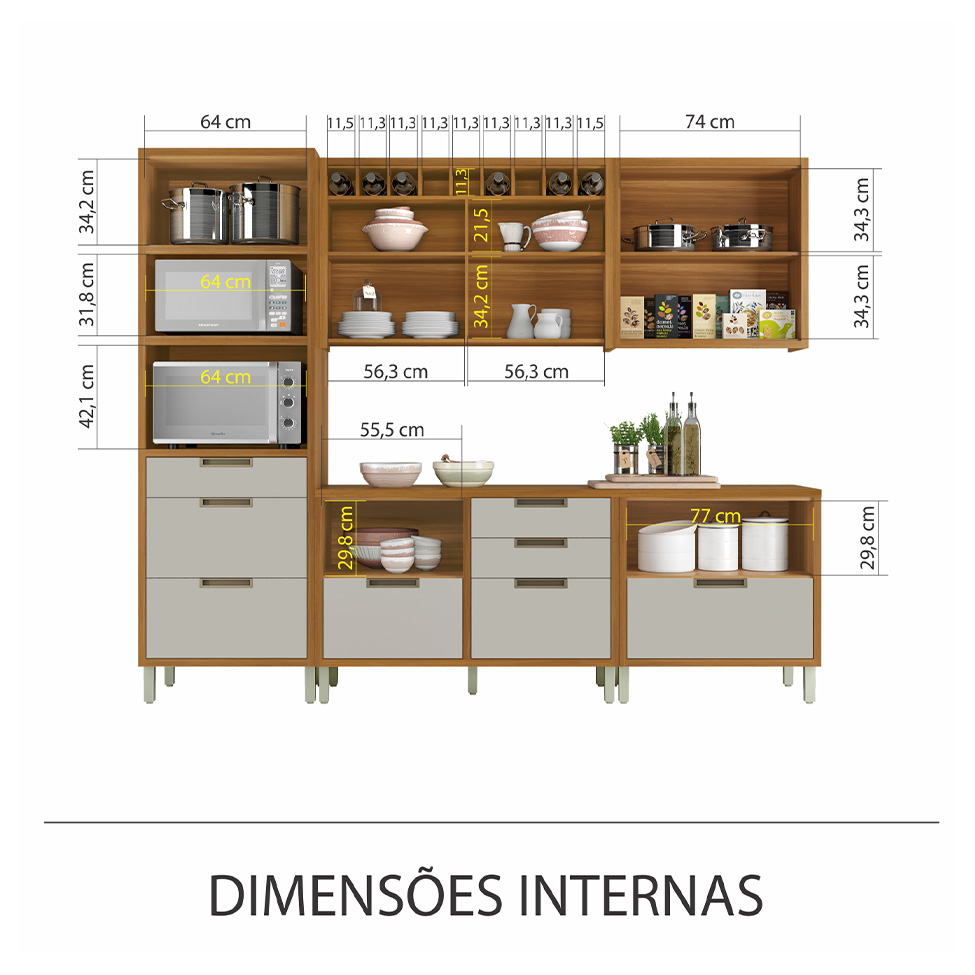 Cozinha Compacta Imperatriz 6 Portas 8 Gavetas Freijó e Off White