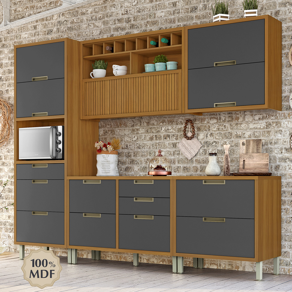 Cozinha Compacta Imperatriz 7 Portas 8 Gavetas Freijó e Grafite